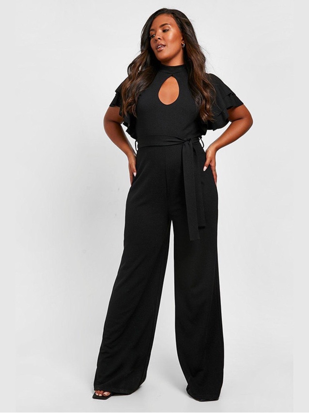 Boohoo Black Keyhole Tie-Waist Wide-Leg Jumpsuit